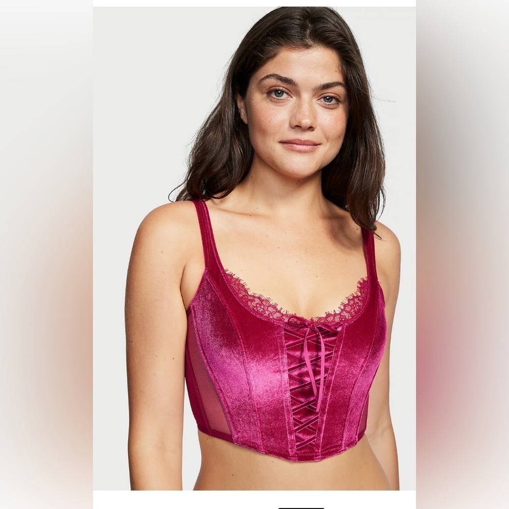 PINK Victoria’s Secret Corset Top XS Pink Velvet Lace-Up unlined Festival NWT